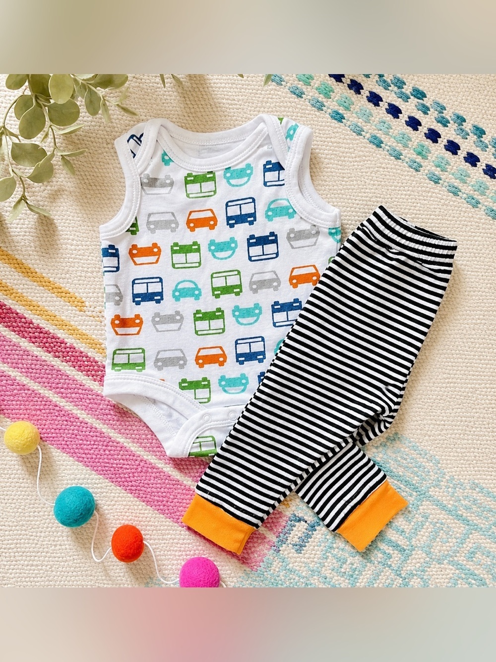 Offspring 3m Baby Transport Car Bus Print Bodysuit & Play Pant 3 Months Colorful